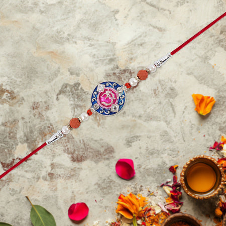 Traditional Om Rakhi With Rudraksha Beads Kundan Work  Red Thread  Spiritual Raksha Bandhan Rakhi For Brother
