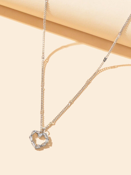 Silver Chain Rhinestone Heart Necklace Delicate Jewelry-0
