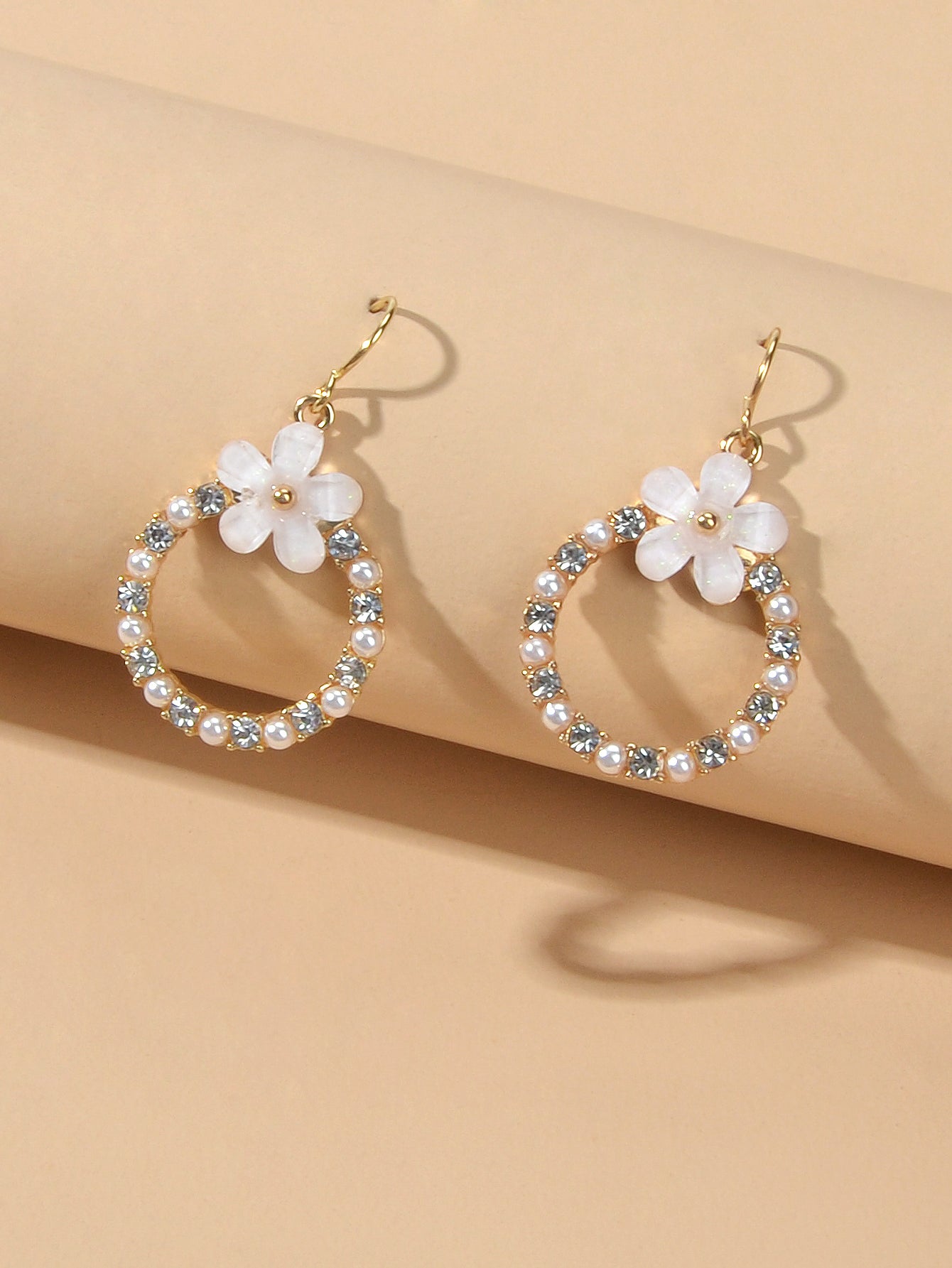 Elegant Jewellery Pearl Rhinestone Acrylic Flower Circle Dangle Hook Earrings-2