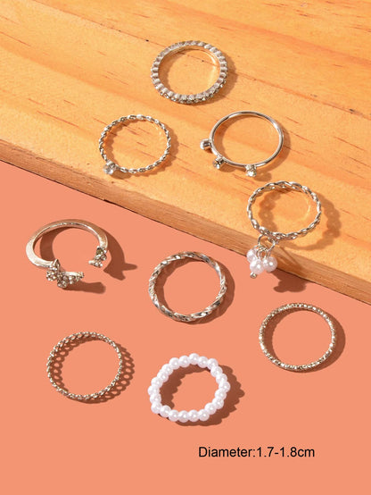 Set of Ten Silver Butterfly and Pearl Shaped Rings Elegant Statement Collection-3