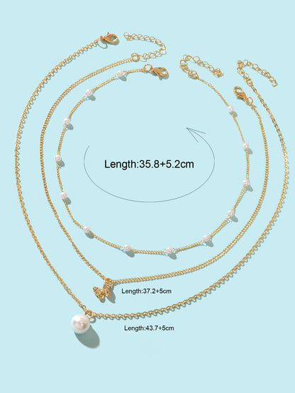 3 pcs Exquisite Pearl Rhinestone Gold Chain Layered Butterfly Pendant Necklace-3