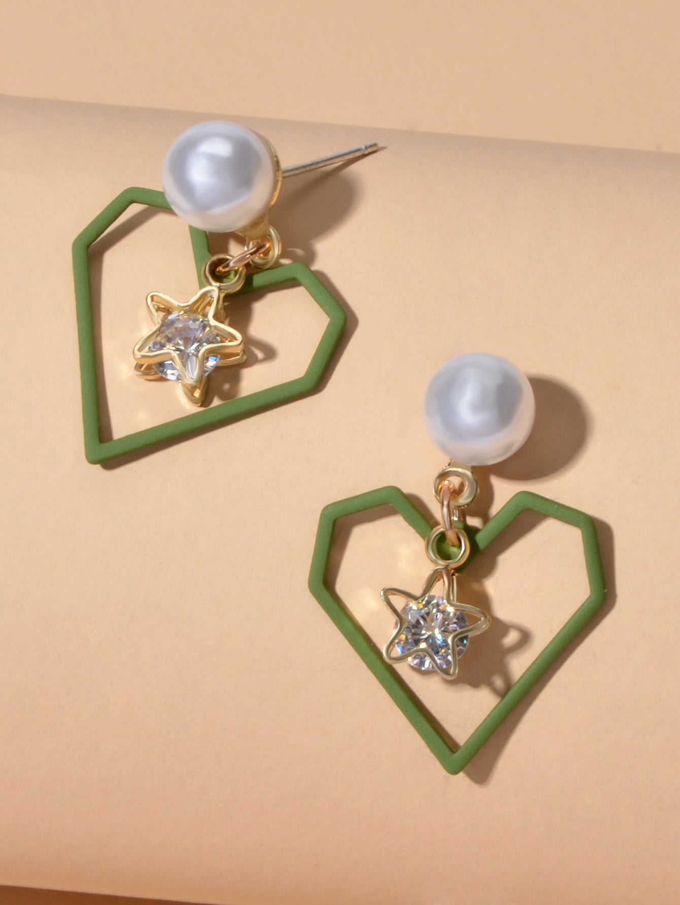 Love Gift for Women Girls Rhinestone Pearl Decor Gold Star Heart Dangle Earrings-2