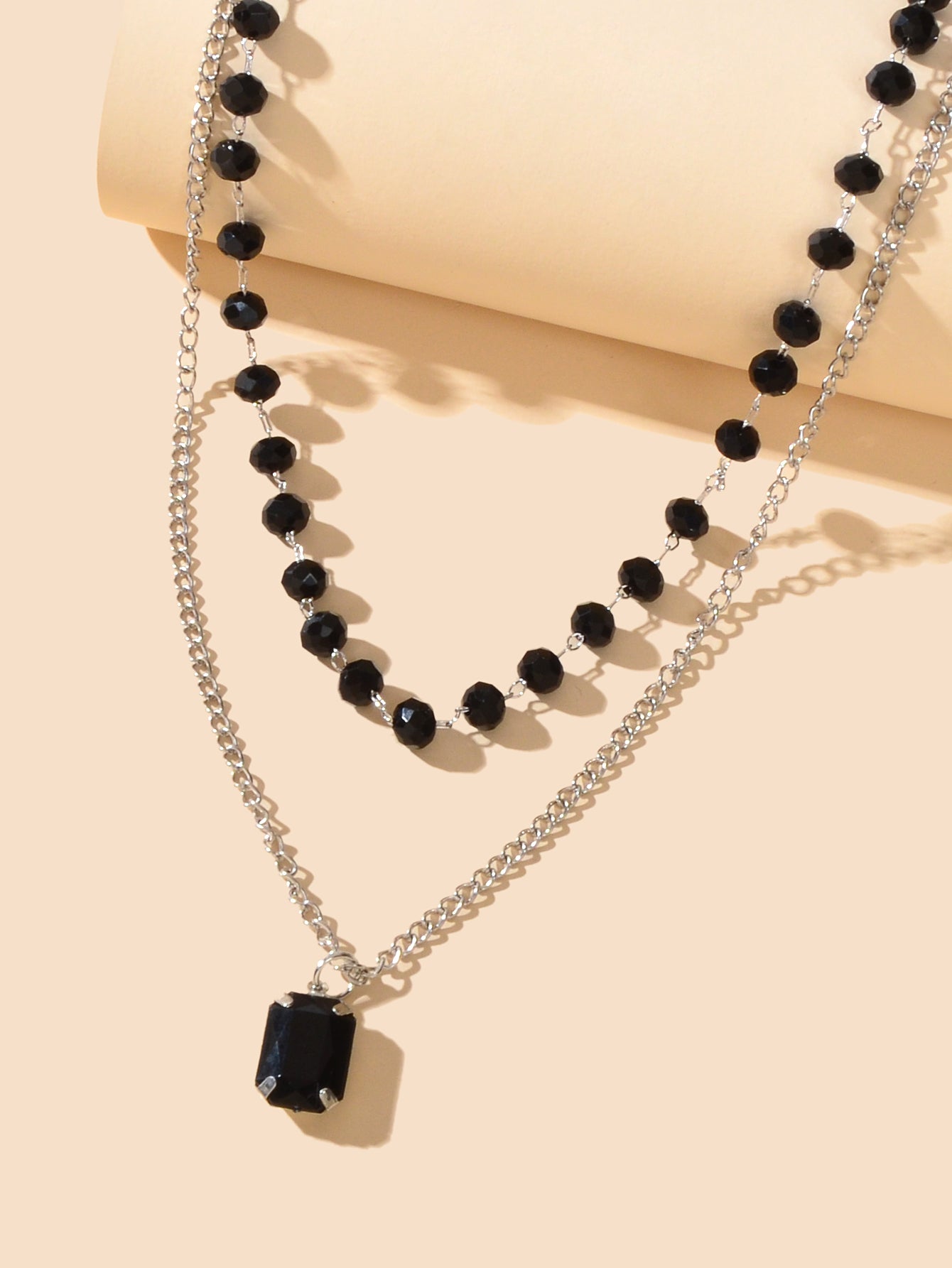 Silver Link Chain Black Beads Layering Personalized Square Charm Necklace Gift-2