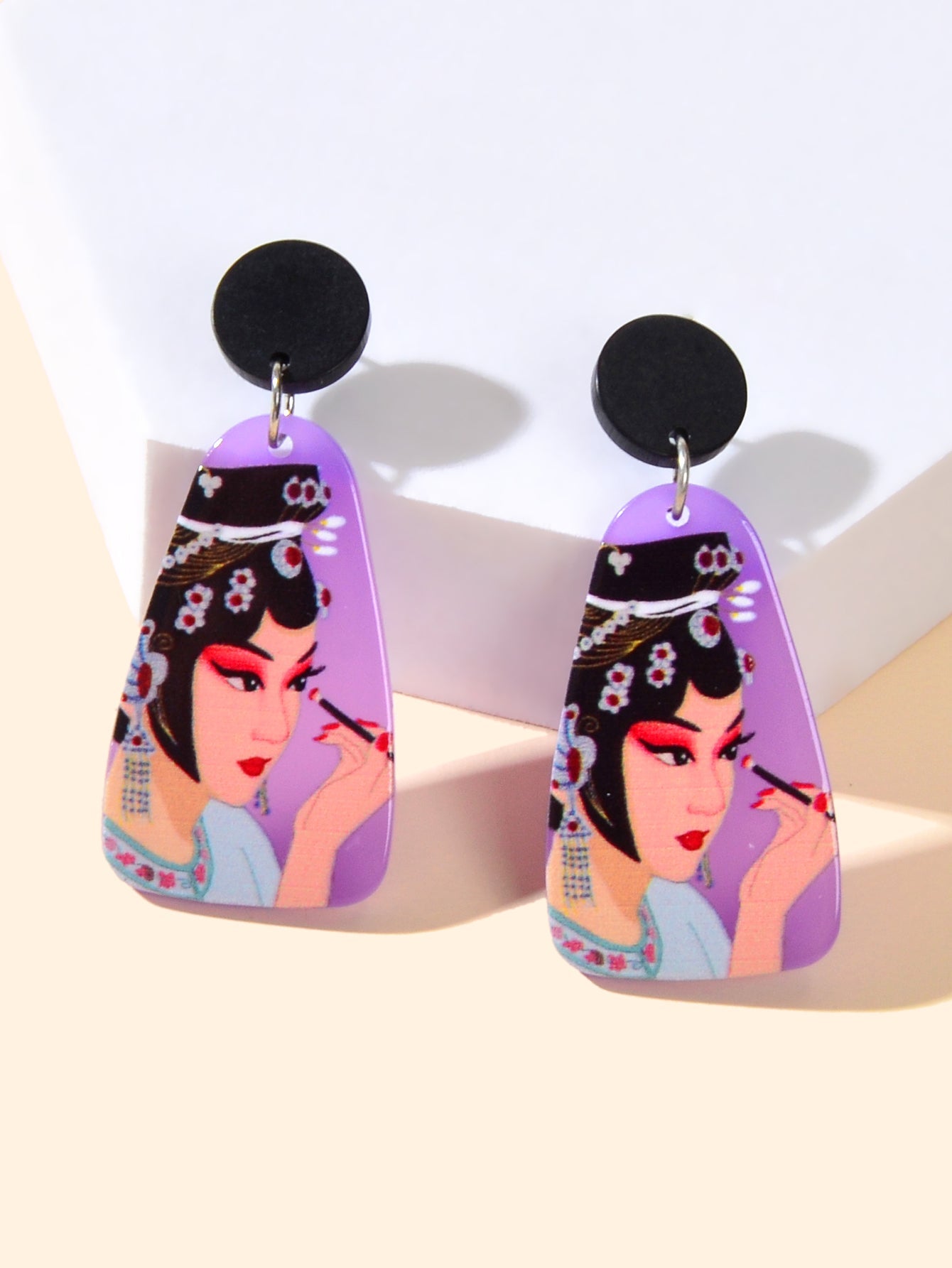 Chinese Style Jewellery Purple Peking Opera Figure Pattern Resin Dangle Earrings-2