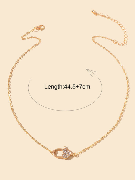 Engagement Jewellery Gift Gold Chain Rhinestone Decor Heart Lock Charm Necklace-1