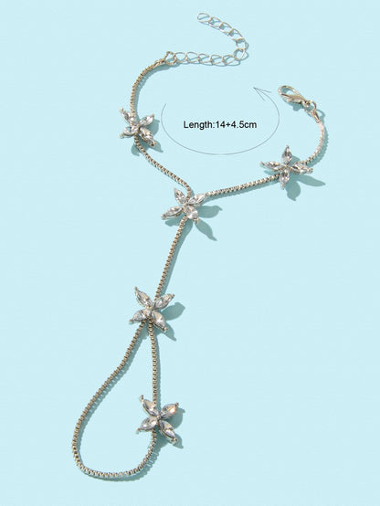 Diamond-Encrusted Chain Ring Connected Hand  Wrist Bracelet-3