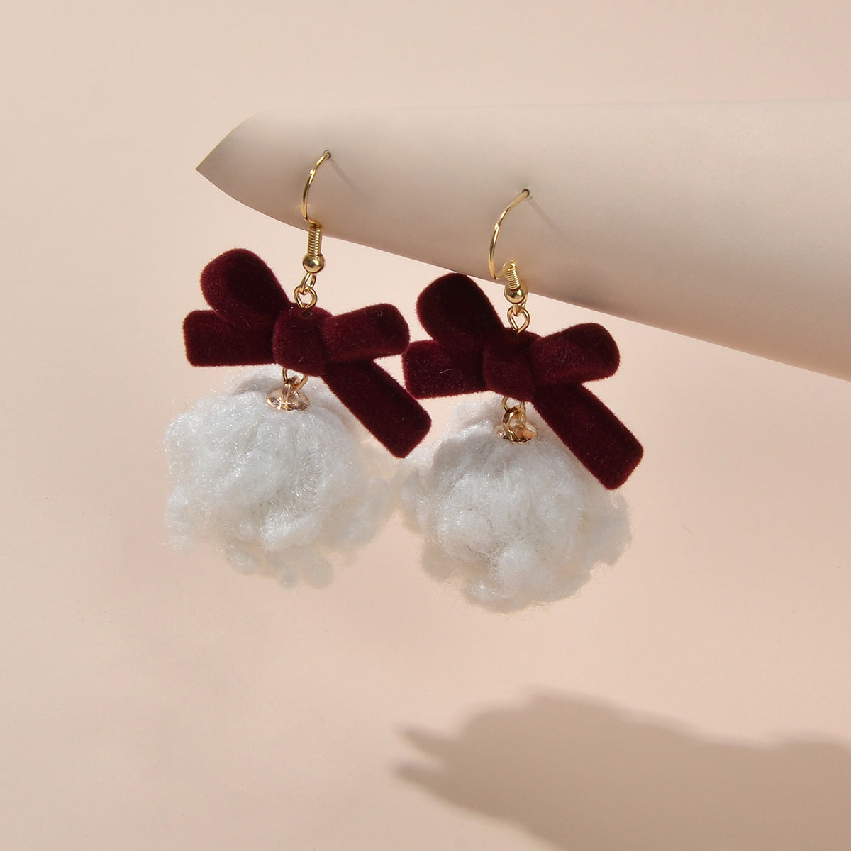 Sweet Winered Velvet Bowknot White Ball Cotton Dangle Earrings Girls Dainty Gift-2