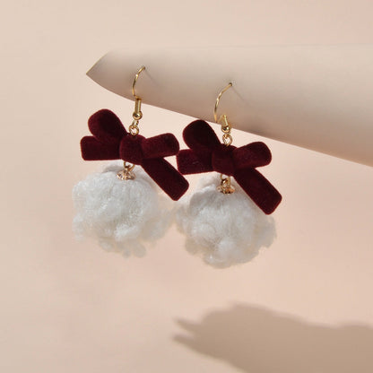 Sweet Winered Velvet Bowknot White Ball Cotton Dangle Earrings Girls Dainty Gift-2