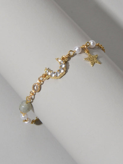 Luxurious Jewellery Party Wear Gold Chain Rhinestone Star Moon Charm Bracelet-2