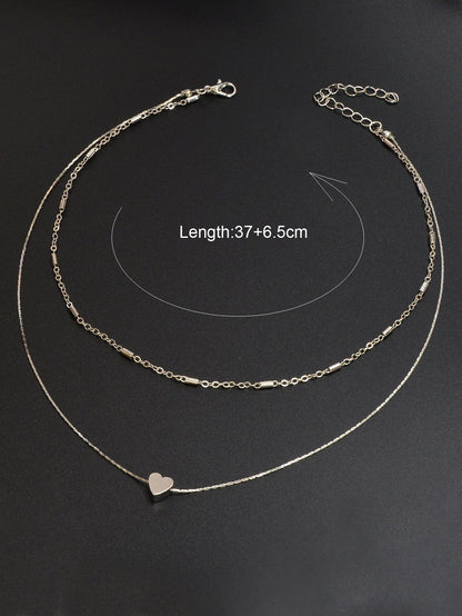 Minimalist Chic Double layer Silver Chain Heart Pendant Clavicle Party Necklace-3