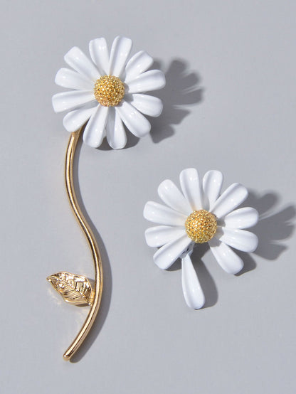 Asymmetrical White Enamel Flower Stick Stud Dangle Earrings Ear Jacket Jewellery-2