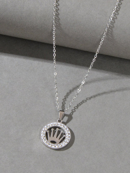Engagement Jewellery Gift Full Rhinestone Silver Circle Crown Pendant Necklace-2