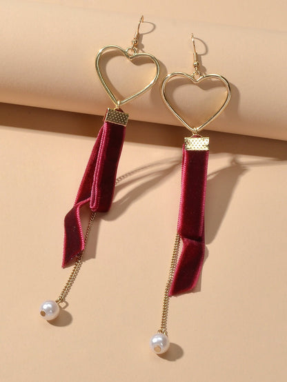 Gold Heart Velvet Decor Pearl Charm Long Chain Pendant Earrings Retro Jewellery-2