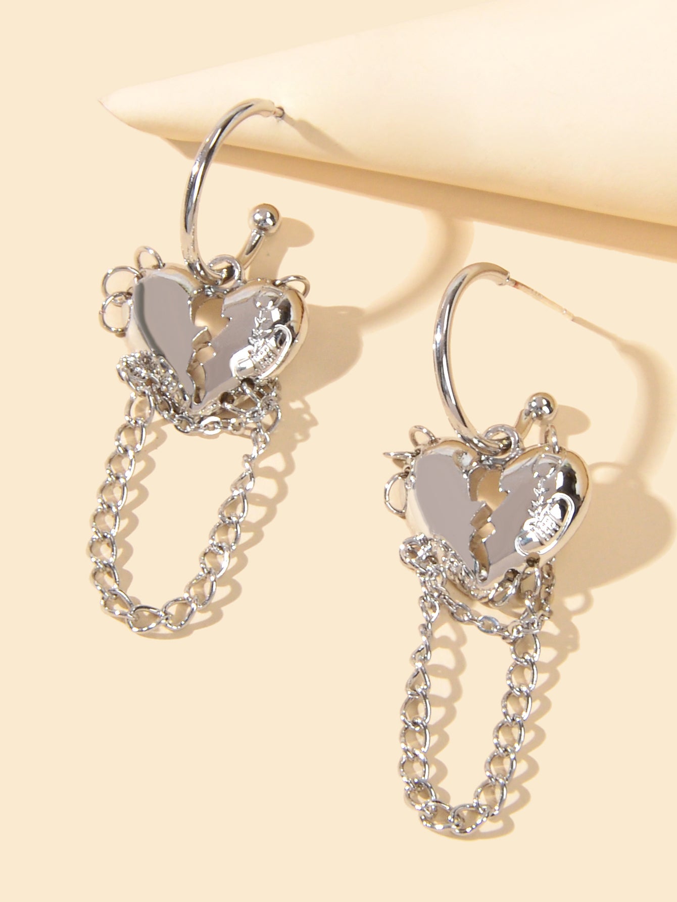 Punk Statement Silver Layered Chain Heart Charm Designer Jewellery Hoop Earrings-2