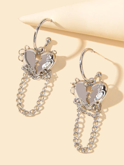 Punk Statement Silver Layered Chain Heart Charm Designer Jewellery Hoop Earrings-2