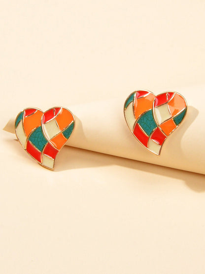 Candy Color Enamel Checkerboard Love Heart Stud Earrings Retro Trendy Accessory-2