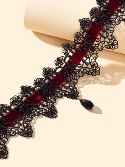 Gothic Black Lace Winered Velvet Tattoo Choker Water Drop Charm Retro Necklace-2