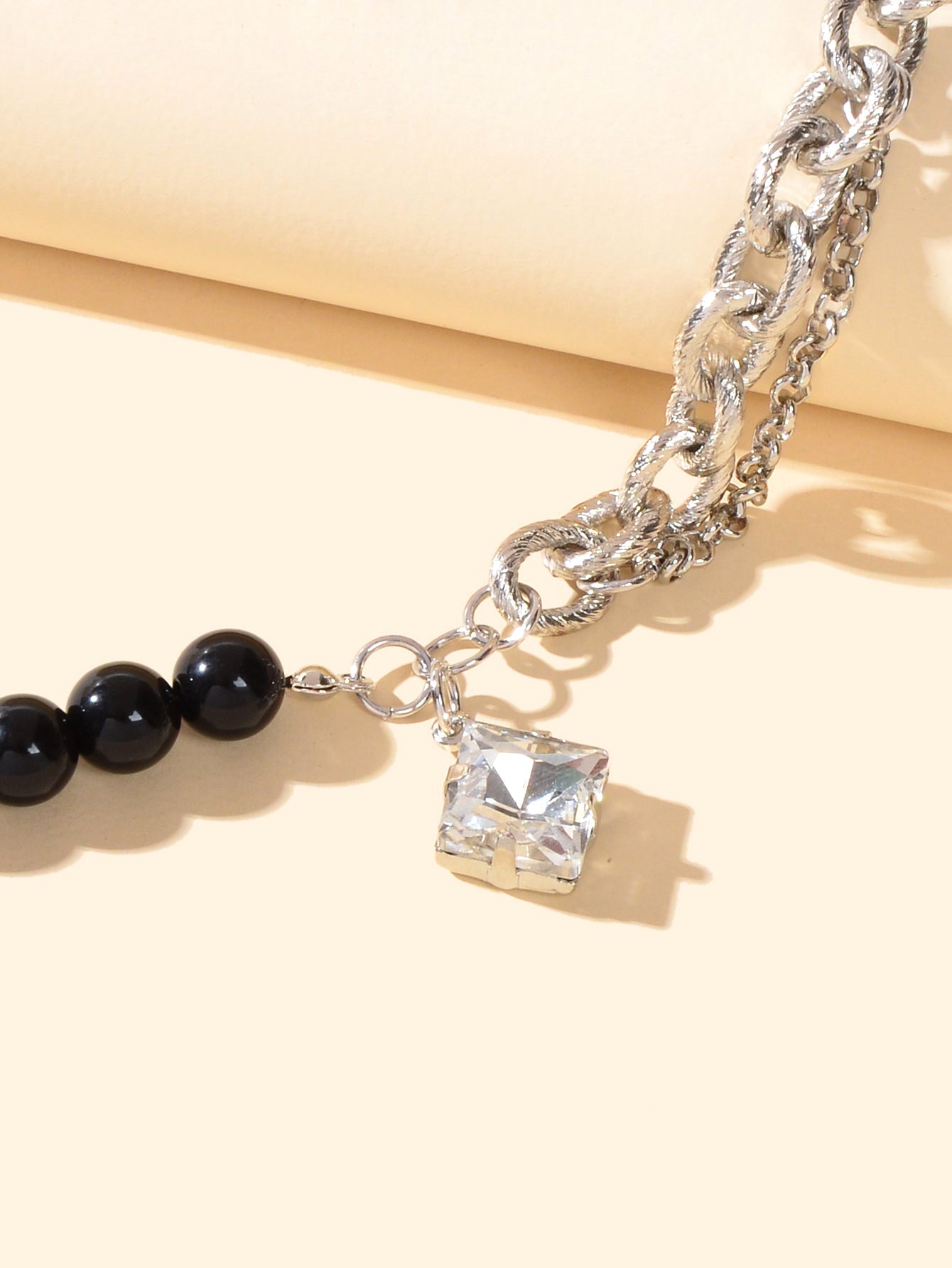 Designer Stylish Multiple Black Beads Silver Chain Square Acrylic Charm Bracelet-2
