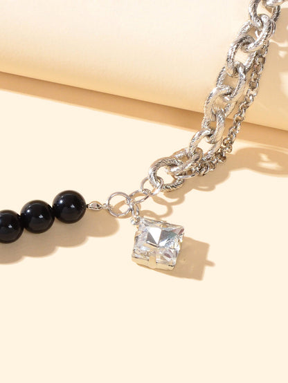 Designer Stylish Multiple Black Beads Silver Chain Square Acrylic Charm Bracelet-2