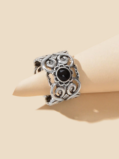Antique Silver Plated Turkish Style Carved Vintage Girls Oxidized Designer Ring-2