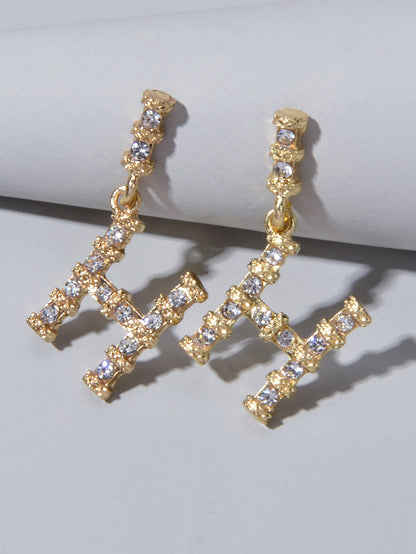 Textured Full Faux Cubic Zirconia Luxury Gold Letter Dangle Earrings for Women-2