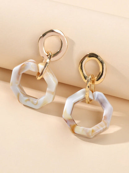 Retro Gold Lock Mottled Acrylic Marble Dangle Geometric Pierced Party Earrings-2