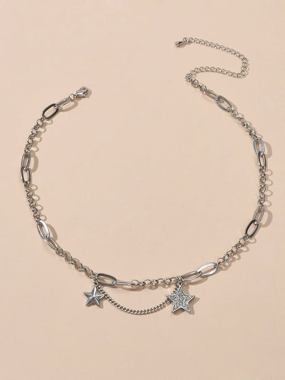 Retro Silver Trendy Paperclip Chain Rhinestone Star Charm Short Collar Necklace-0