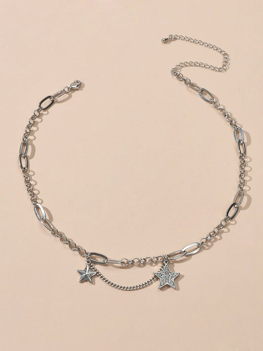 Retro Silver Trendy Paperclip Chain Rhinestone Star Charm Short Collar Necklace-0