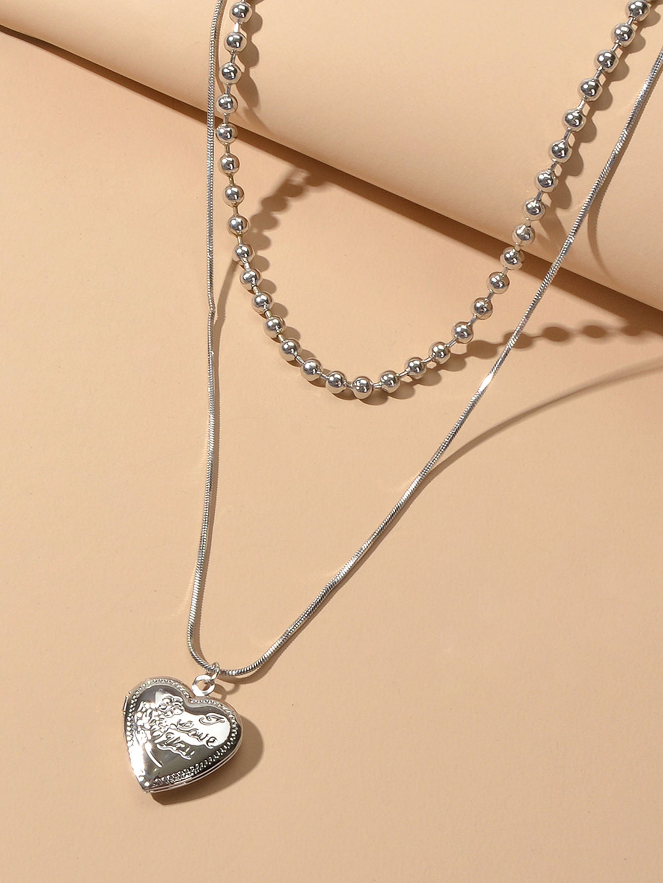 Female Jewellery Double layer Silver Multiple Popcorn Chain Heart Charm Necklace-2