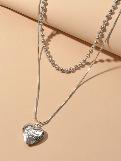Female Jewellery Double layer Silver Multiple Popcorn Chain Heart Charm Necklace-2