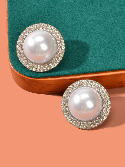 Luxurious Rhinestone Big Pearl Decor Round Stud Earrings Wedding Bridal Jewelry-2
