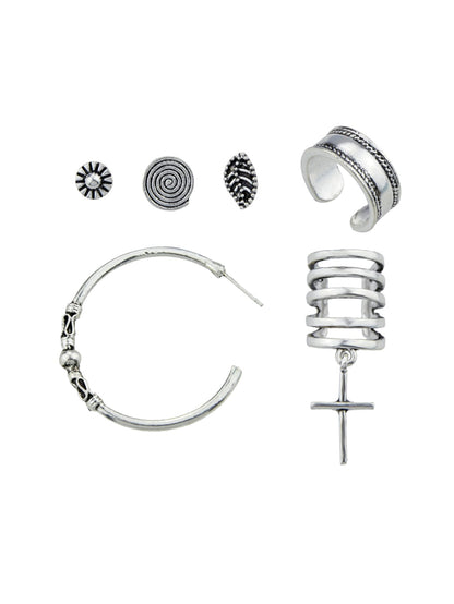 6 pcs Tribal Ethnic Antique Circle Cross Oxidized Intricate Hoop Stud Ear Cuff-2