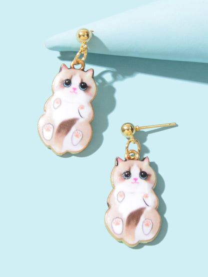 Lovely White Enamel Cat Charm Pierced Earrings Dainty Animal Jewellery for Women-2