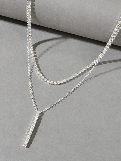 Trendy Shining Full Rhinestone Gold Silver Double layer Chain Bar Charm Necklace-2