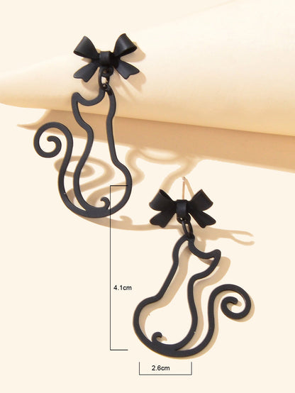 Kawaii Aesthetic Hollow Bow Tie Cat Dangle Earrings Animals Design Accessories-2