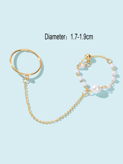 Pearl Punk Stackable Knuckle Chain Tassel Double Finger Midi Rings-2