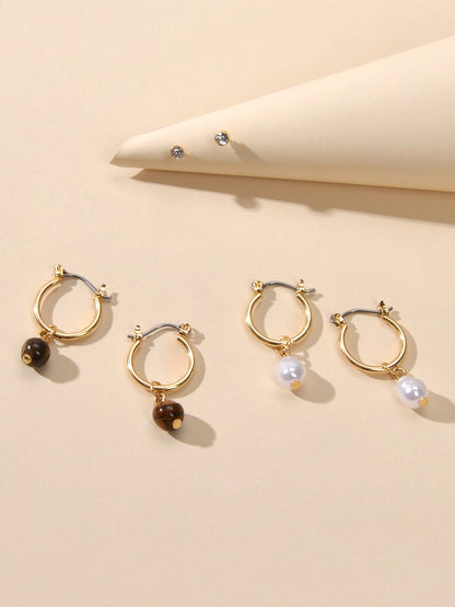 3 pairs Ear Jewellery Pearl Beads Charm Hoop Earrings set Rhinestone Studs Gift-2
