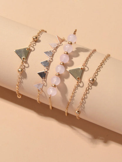 5pcs Gold Color Chain Pink Beads Triangle Decor Bracelet set Boho Chic Jewellery-2