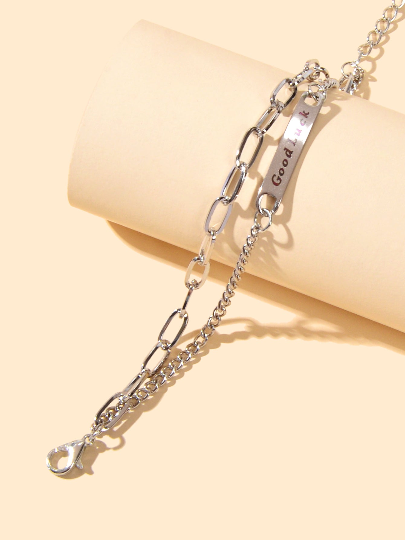 Punk Hip Hop Jewellery Double layer Silver Chain Good Luck Letter Charm Bracelet-2