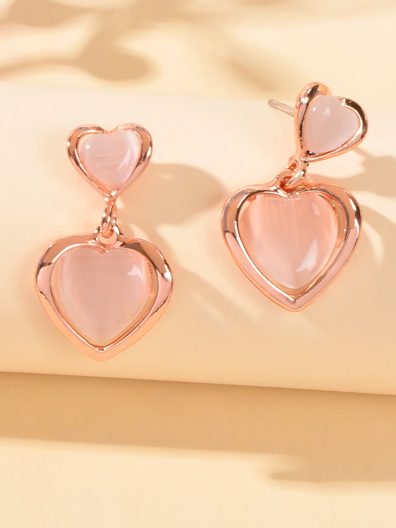 Girlfriend Birthday Gift Elegant Rose Gold Pink Opal Love Heart Dangle Earrings-2