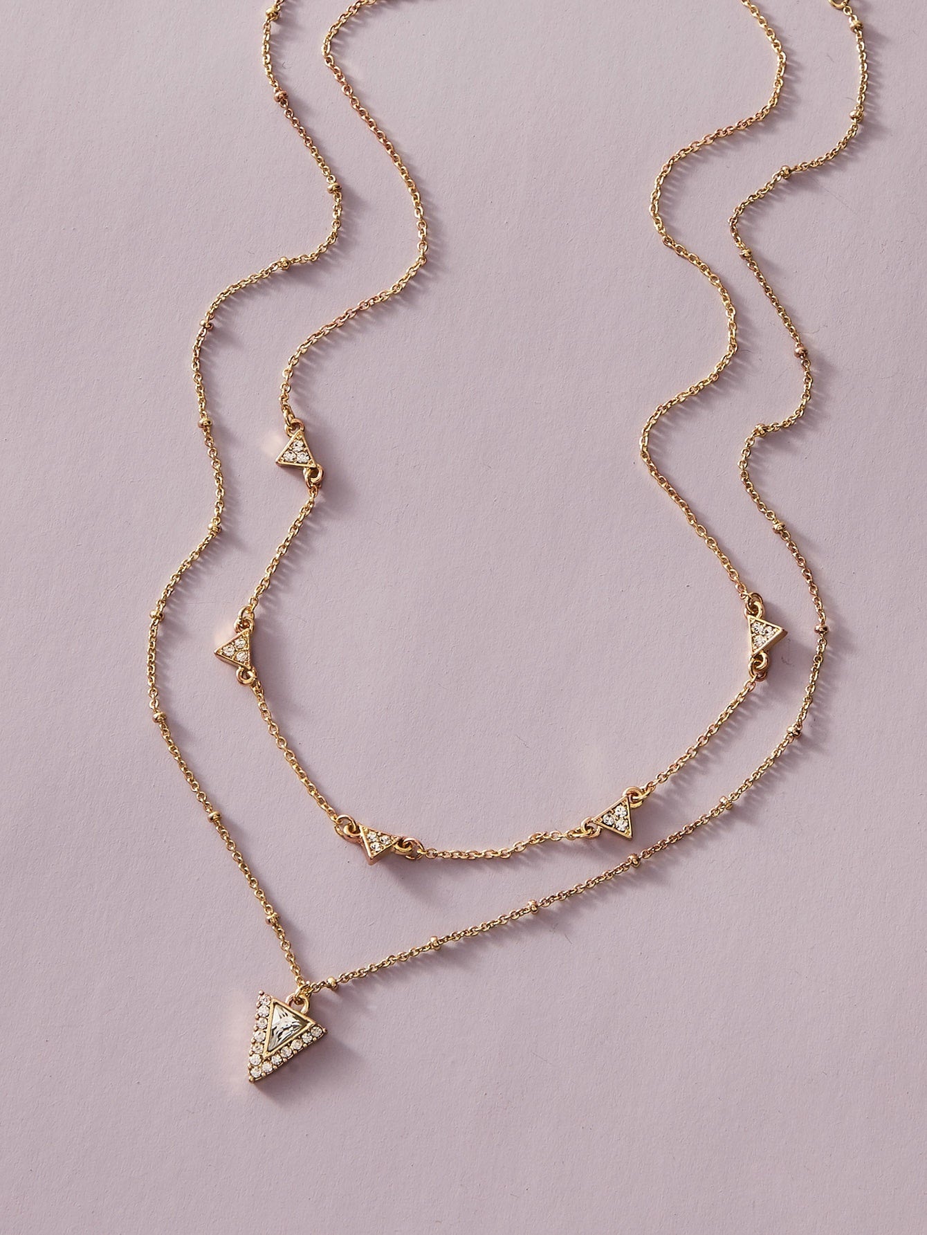 Ladies Jewellery Double layer Gold Chain Rhinestone Triangle Charm Necklace Gift-2