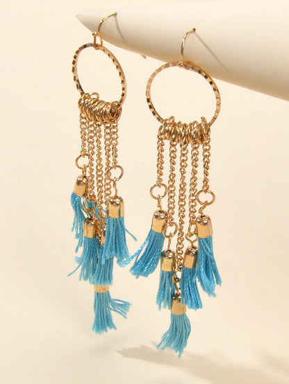 American Jewellery Ethnic Blue Tassel Long Gold Chain Dangle Bohemian Earrings-2