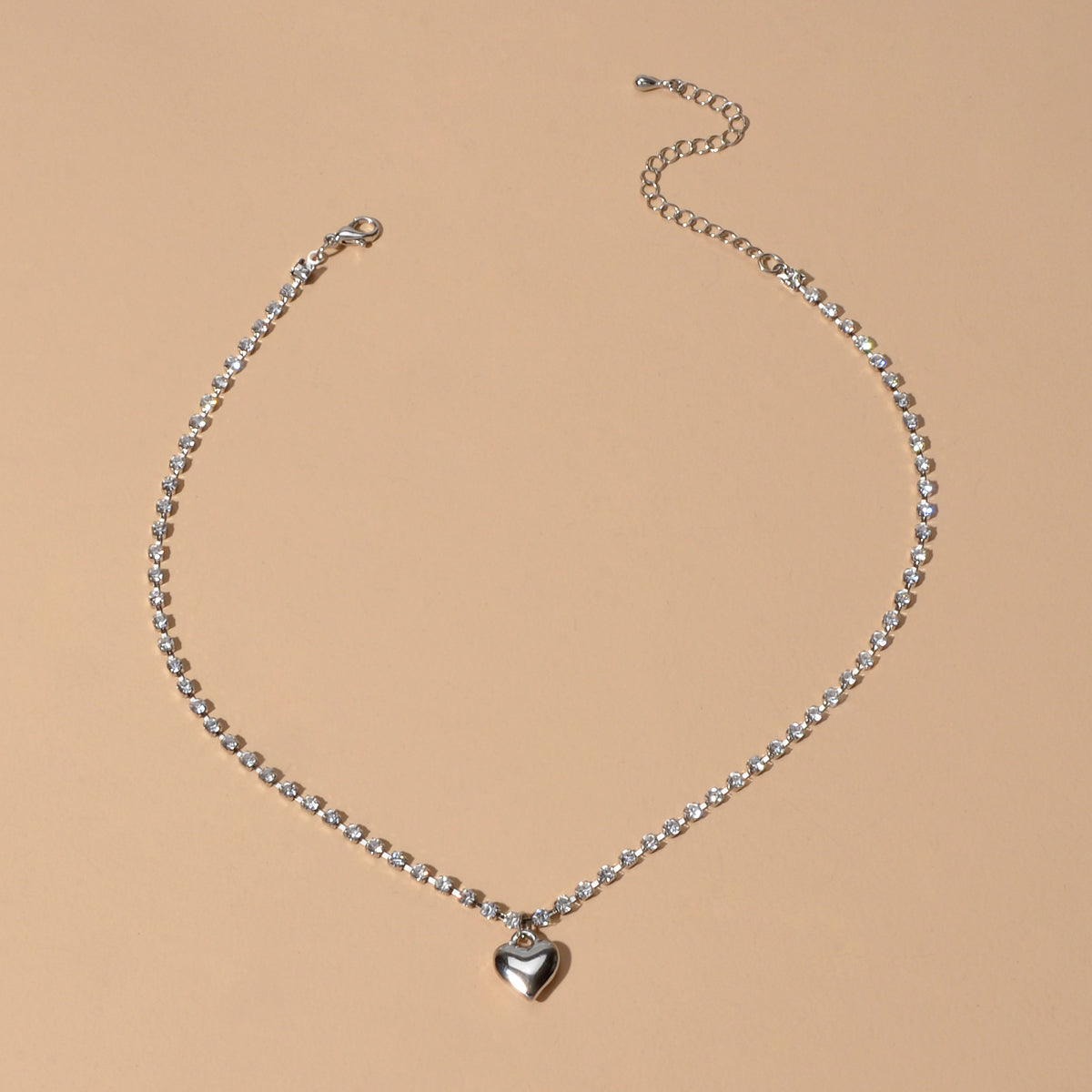 Luxurious Jewellery Full Rhinestone Decor Shining Silver Chain Heart Necklace-2