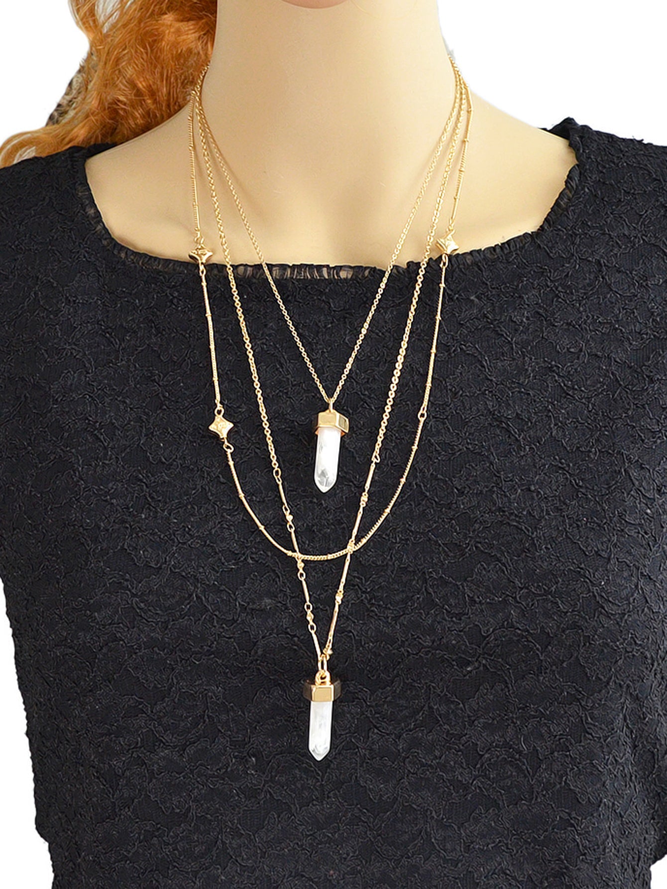 Multi-layer Gold Chain White Bullet Point Pendant Necklace Boho Chic Jewellery-2