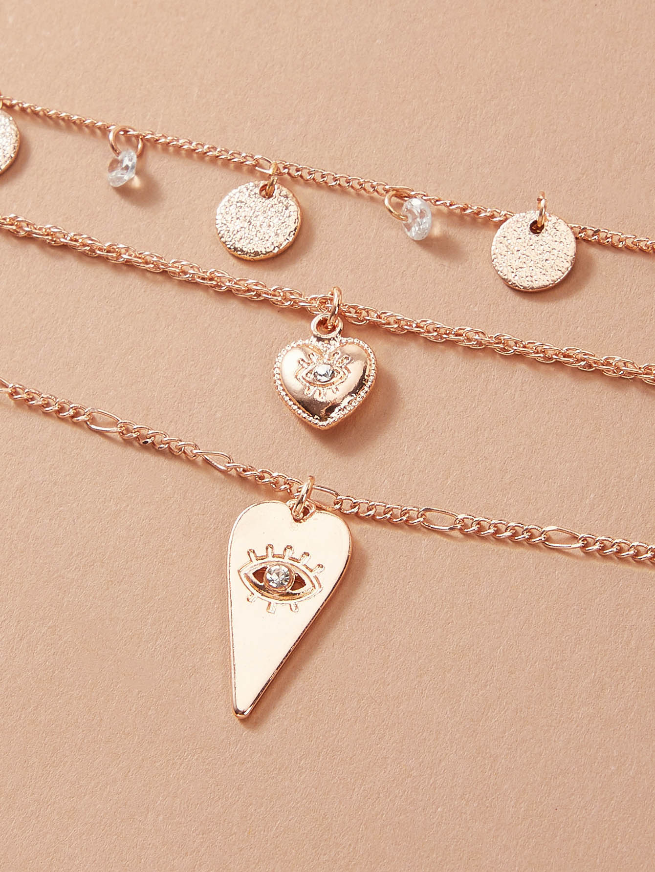 Stylish Triple-Layered Round Disc Heart Pendant Necklace Girls Unique Jewellery-3
