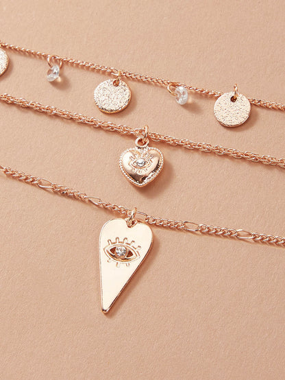 Stylish Triple-Layered Round Disc Heart Pendant Necklace Girls Unique Jewellery-3