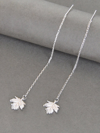 Minimalist Silver Tassel Maple Leaf Long Chain Threader Dangle Earrings Ear Line-2