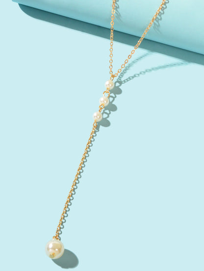 Dinner Jewellery Gold Chain Y Style Pearl Decor Long Pendant Lariat Necklace-2