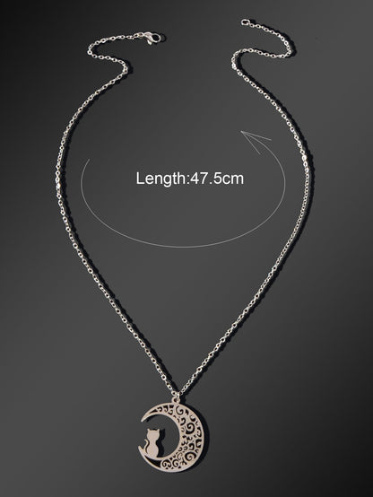 Party Jewelry Gift Silver Chain Stainless Steel Hollow Moon Cat Pendant Necklace-2