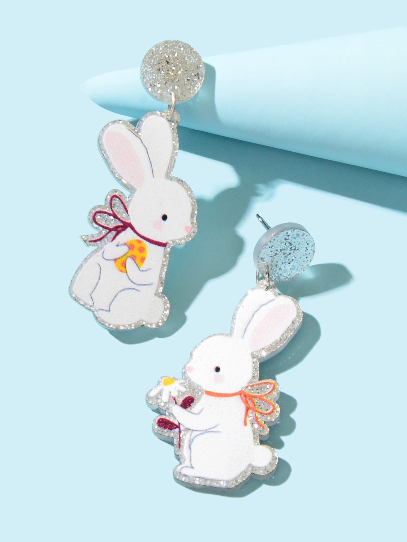 Glitter Bunny Earrings Cute Rabbit Stud Easter Egg Flower Holiday Gift Jewellery-2